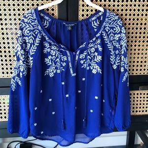 American Eagle Bright blue with white embroidery Top